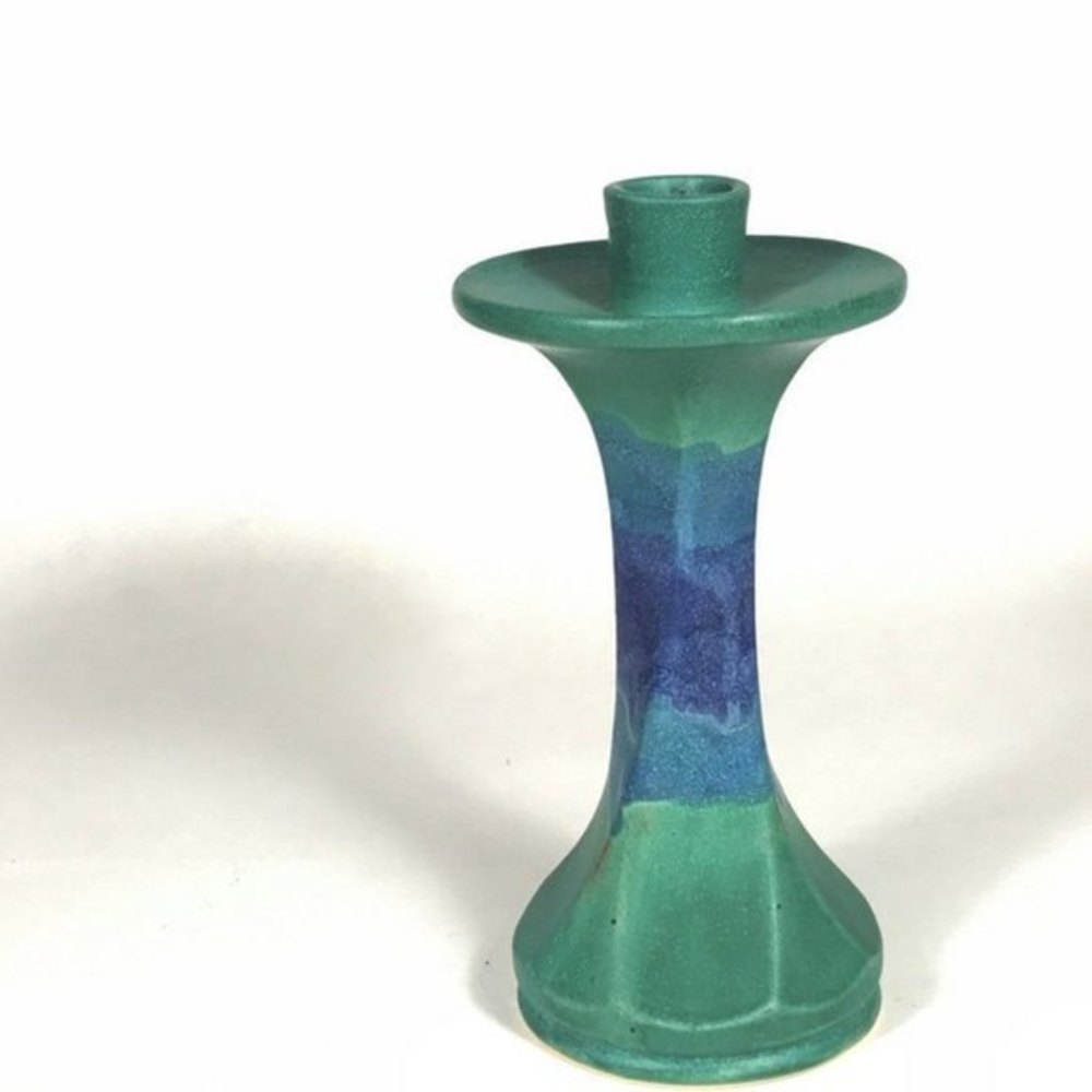 Hoffman pottery tall candlestick blue green glaze